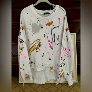 Zara Knit white crew neck distressed sweater with colorful splatter details M